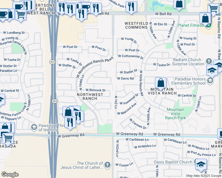 map of restaurants, bars, coffee shops, grocery stores, and more near 16306 West Rimrock Street in Surprise