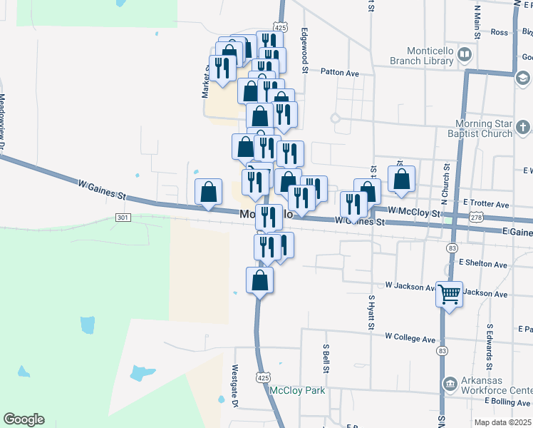 map of restaurants, bars, coffee shops, grocery stores, and more near in Monticello