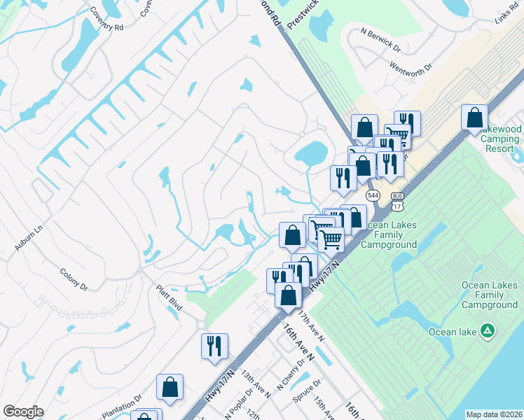map of restaurants, bars, coffee shops, grocery stores, and more near 1421 Turkey Ridge Road in Myrtle Beach