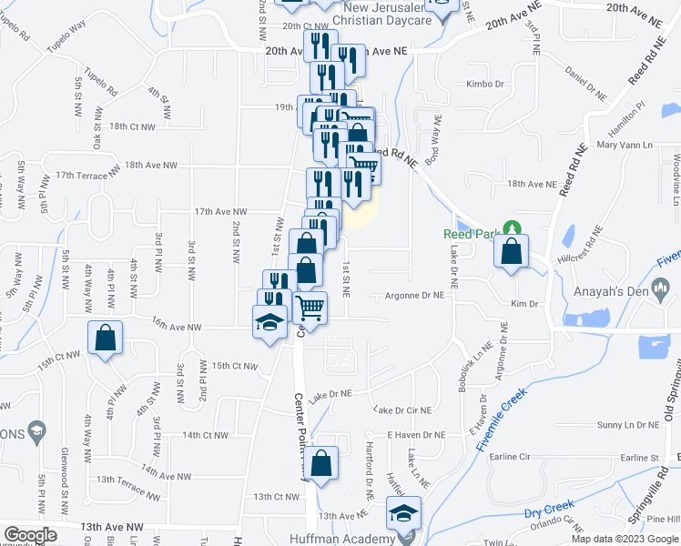 map of restaurants, bars, coffee shops, grocery stores, and more near 1628 1st Street Northeast in Center Point