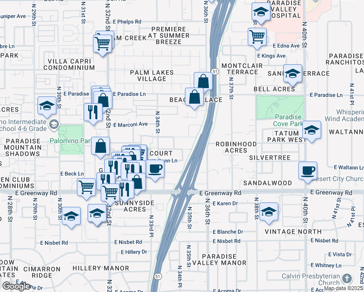 map of restaurants, bars, coffee shops, grocery stores, and more near 3446 East Carol Ann Way in Phoenix