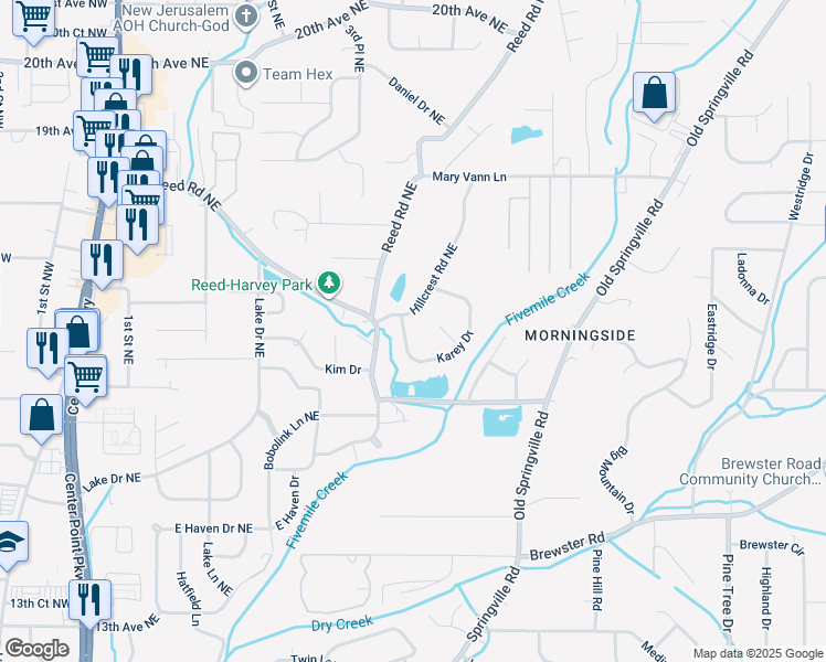 map of restaurants, bars, coffee shops, grocery stores, and more near 503 Karey Drive in Center Point