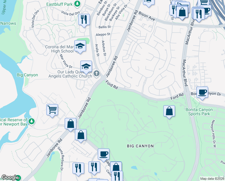 map of restaurants, bars, coffee shops, grocery stores, and more near 59 Sea Island Drive in Newport Beach