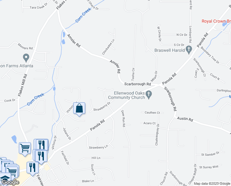 map of restaurants, bars, coffee shops, grocery stores, and more near 150 Huckleberry Lane in Ellenwood