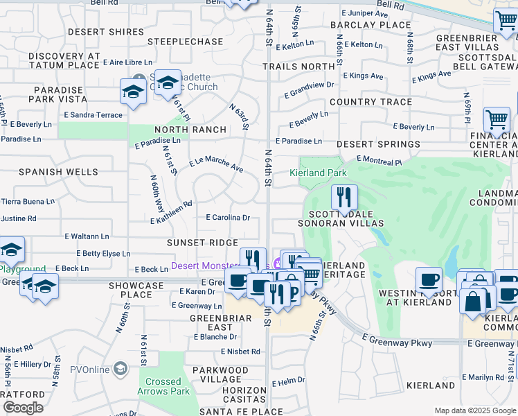 map of restaurants, bars, coffee shops, grocery stores, and more near 6350 East Kathleen Road in Scottsdale