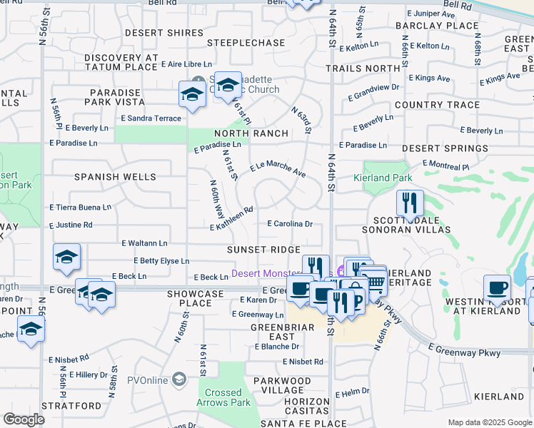 map of restaurants, bars, coffee shops, grocery stores, and more near 15808 North 62nd Place in Scottsdale