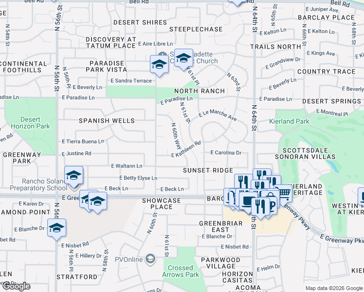 map of restaurants, bars, coffee shops, grocery stores, and more near 15811 North 60th Way in Scottsdale