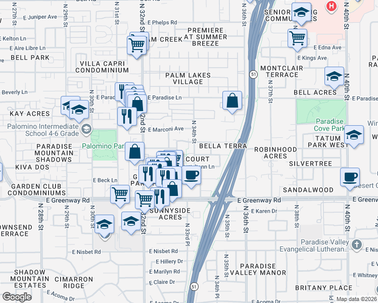 map of restaurants, bars, coffee shops, grocery stores, and more near 3327 East Tierra Buena Lane in Phoenix