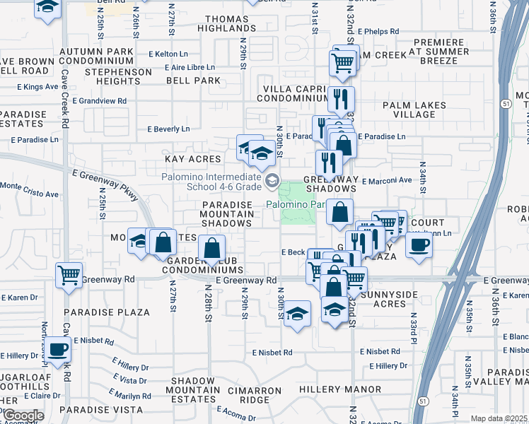map of restaurants, bars, coffee shops, grocery stores, and more near 15650 North 29th Way in Phoenix
