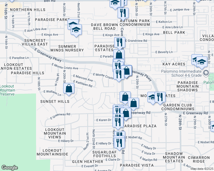 map of restaurants, bars, coffee shops, grocery stores, and more near 15817 North 22nd Way in Phoenix