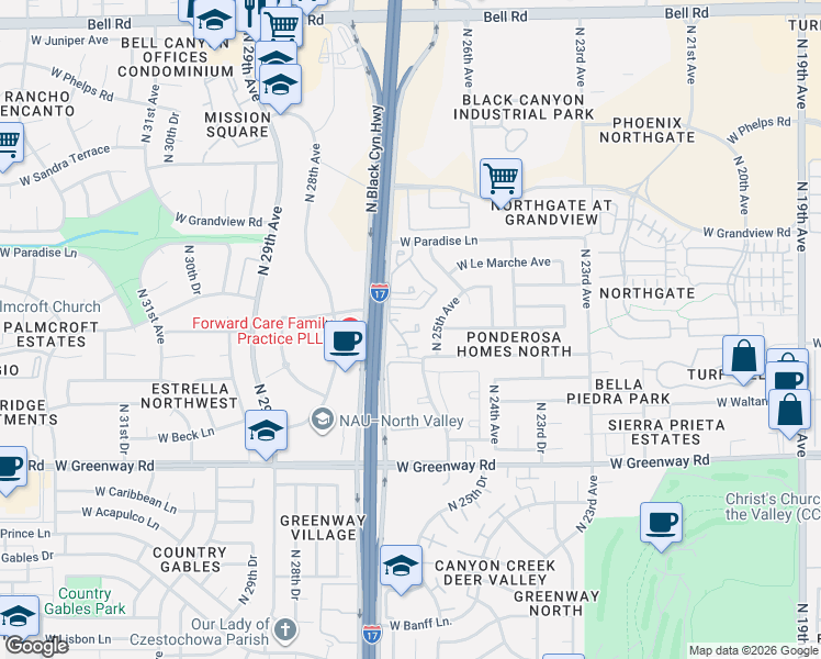 map of restaurants, bars, coffee shops, grocery stores, and more near 2540 West Kathleen Road in Phoenix