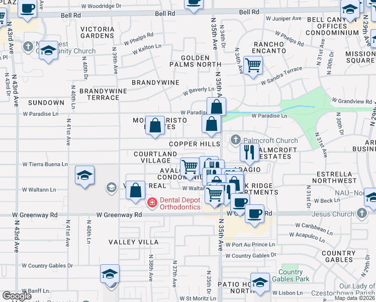 map of restaurants, bars, coffee shops, grocery stores, and more near 3625 West Monte Cristo Avenue in Phoenix