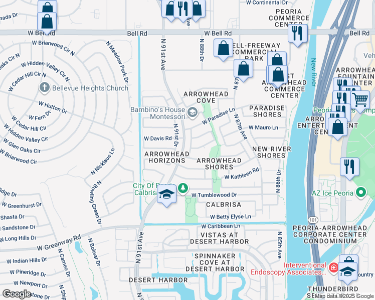 map of restaurants, bars, coffee shops, grocery stores, and more near 16020 North 90th Avenue in Peoria