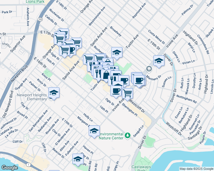 map of restaurants, bars, coffee shops, grocery stores, and more near 401 East 17th Street in Costa Mesa