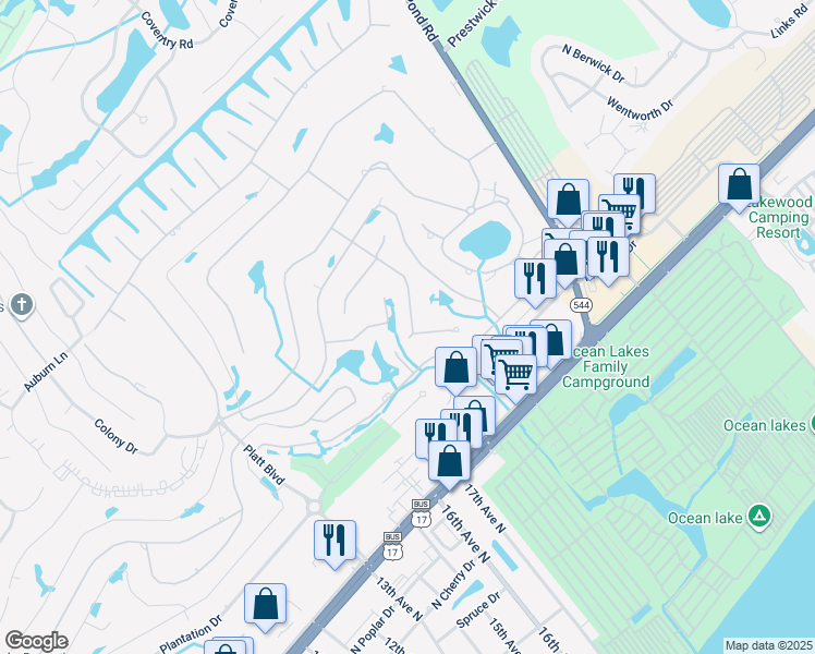 map of restaurants, bars, coffee shops, grocery stores, and more near 1421 Turkey Ridge Road in Myrtle Beach