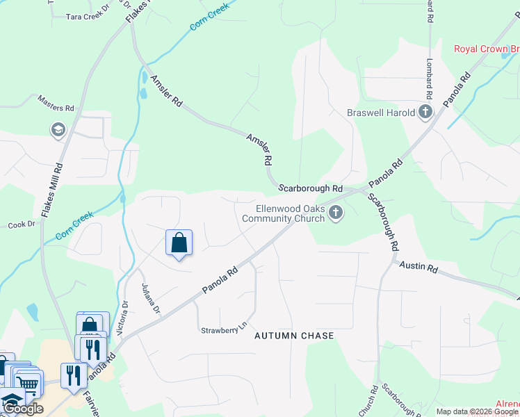 map of restaurants, bars, coffee shops, grocery stores, and more near 150 Huckleberry Lane in Ellenwood