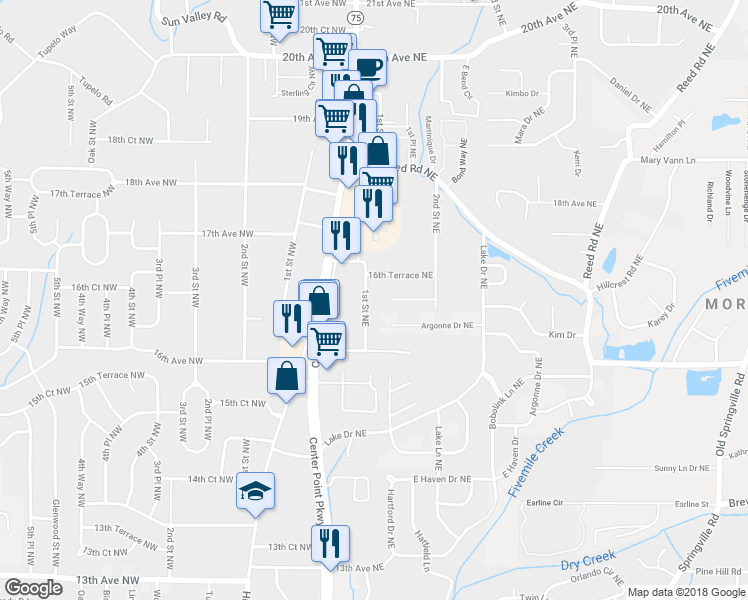 map of restaurants, bars, coffee shops, grocery stores, and more near 1632 1st Street Northeast in Center Point