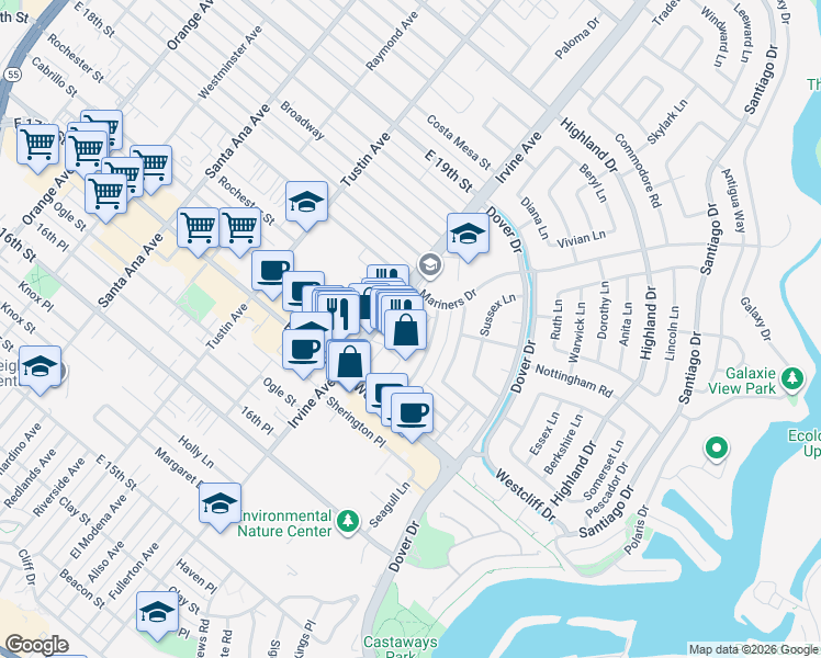 map of restaurants, bars, coffee shops, grocery stores, and more near 2127 Cresta Drive in Newport Beach