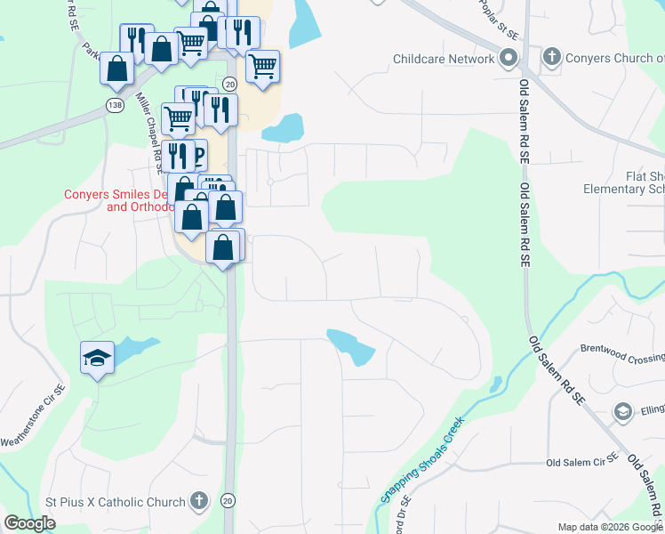 map of restaurants, bars, coffee shops, grocery stores, and more near 960 Sundew Drive Southeast in Conyers