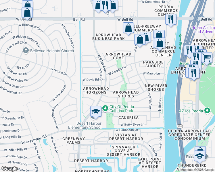 map of restaurants, bars, coffee shops, grocery stores, and more near 16020 North 90th Avenue in Peoria