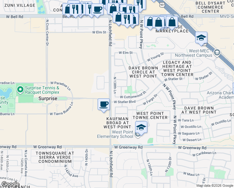 map of restaurants, bars, coffee shops, grocery stores, and more near 16051 North 138th Lane in Surprise