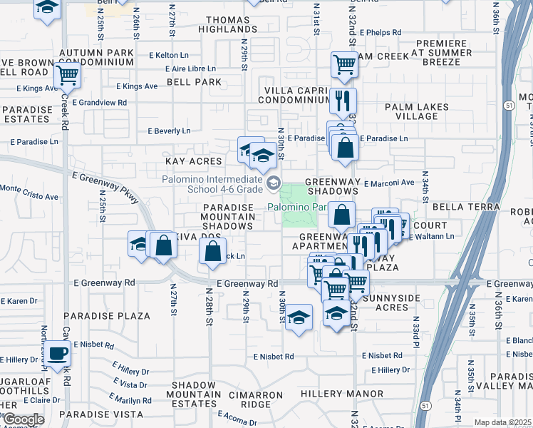 map of restaurants, bars, coffee shops, grocery stores, and more near 15650 North 29th Way in Phoenix