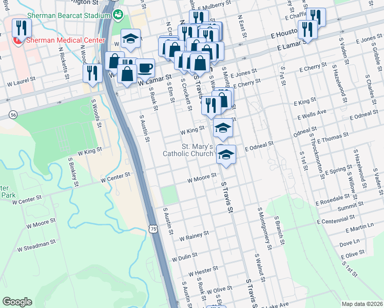 map of restaurants, bars, coffee shops, grocery stores, and more near 712 South Crockett Street in Sherman