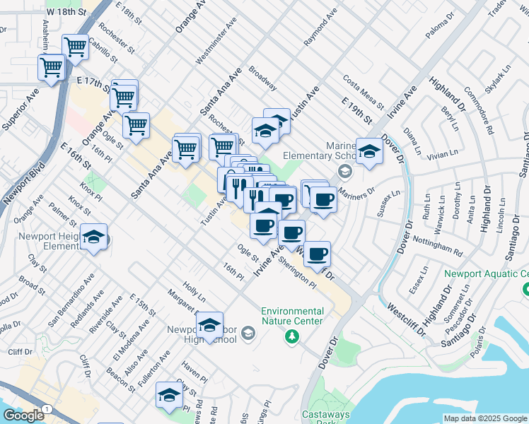 map of restaurants, bars, coffee shops, grocery stores, and more near 450 East 17th Street in Costa Mesa