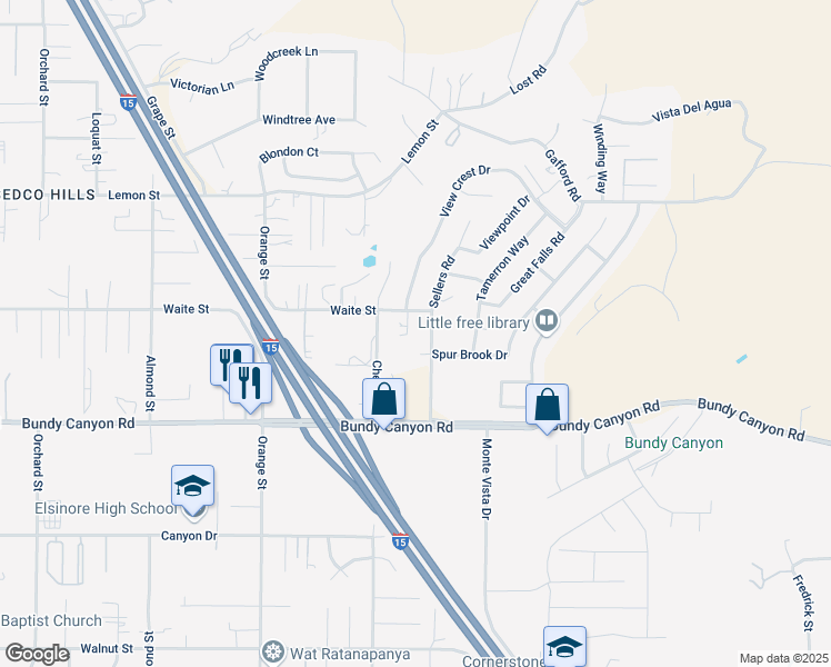 map of restaurants, bars, coffee shops, grocery stores, and more near 22337 Hillshore Court in Wildomar