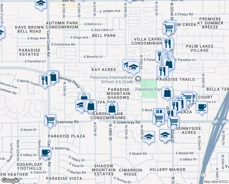 map of restaurants, bars, coffee shops, grocery stores, and more near 2826 East Tracy Lane in Phoenix