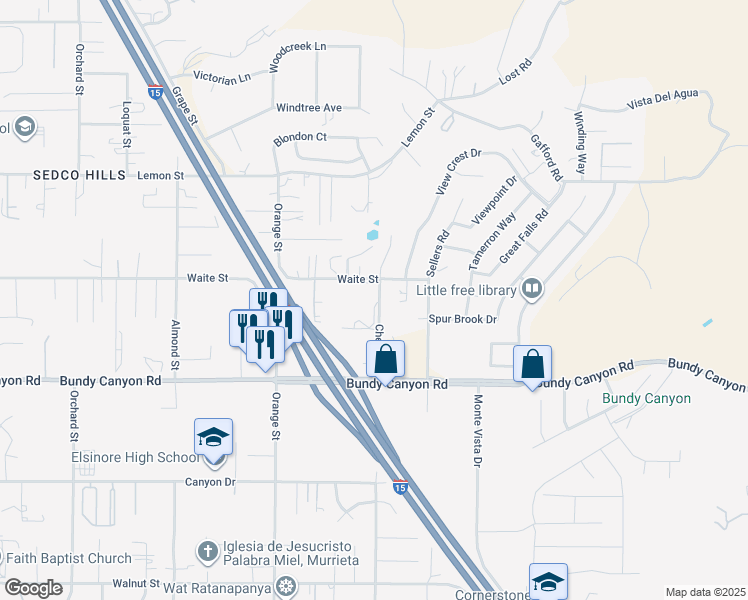 map of restaurants, bars, coffee shops, grocery stores, and more near Cherry Street in Wildomar
