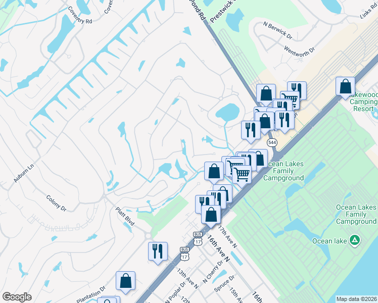 map of restaurants, bars, coffee shops, grocery stores, and more near 1421 Turkey Ridge Road in Myrtle Beach