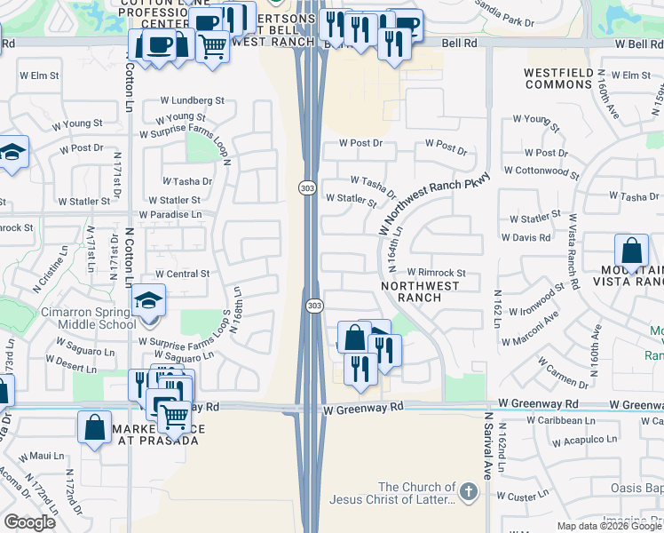 map of restaurants, bars, coffee shops, grocery stores, and more near 16673 West Monte Cristo Avenue in Surprise