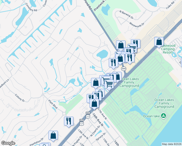 map of restaurants, bars, coffee shops, grocery stores, and more near 1360E Turkey Ridge Road in Surfside Beach
