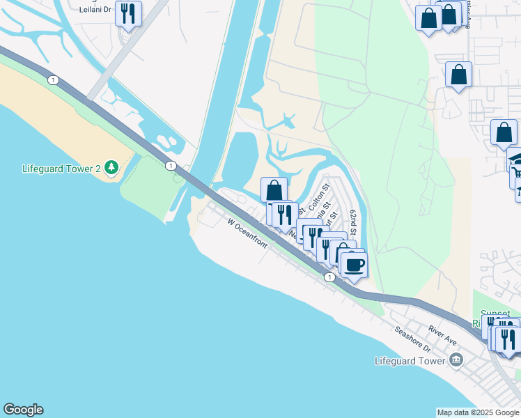 map of restaurants, bars, coffee shops, grocery stores, and more near 218 Highland Street in Newport Beach