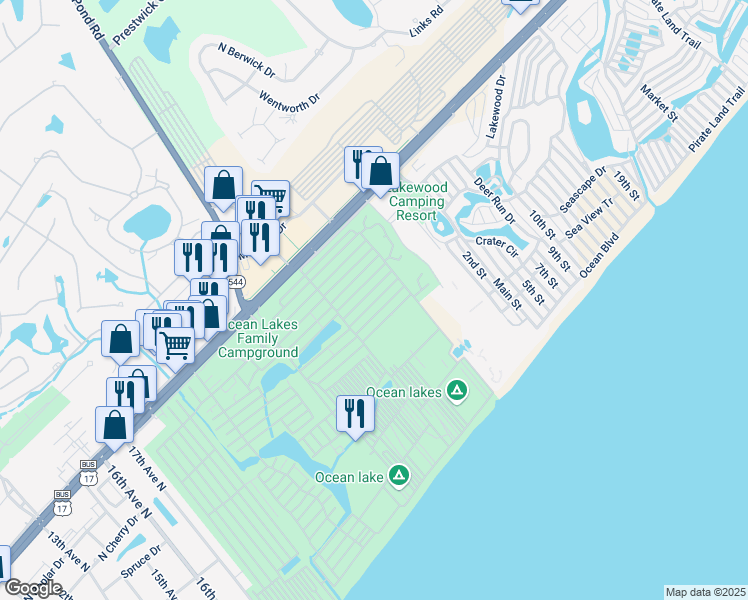 map of restaurants, bars, coffee shops, grocery stores, and more near 5216 Sandlake Court in Myrtle Beach