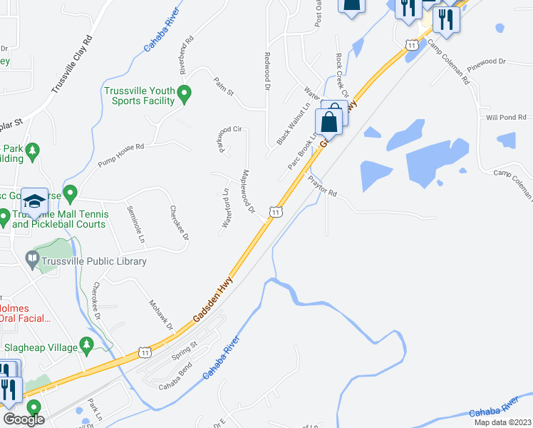 map of restaurants, bars, coffee shops, grocery stores, and more near 4301 Maplewood Drive in Trussville
