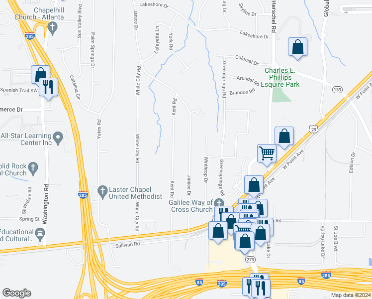 map of restaurants, bars, coffee shops, grocery stores, and more near 4615 Janice Drive in Atlanta