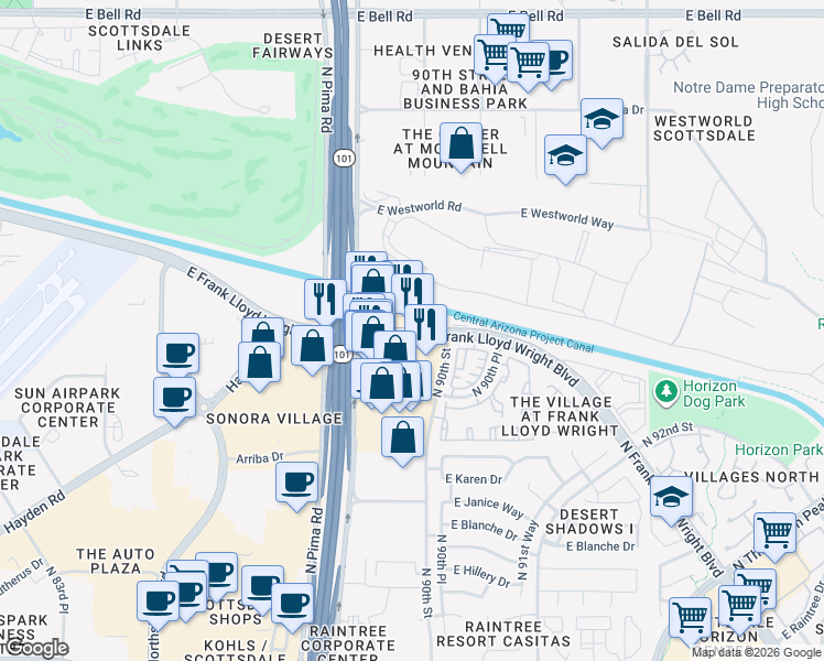map of restaurants, bars, coffee shops, grocery stores, and more near 15811 North Frank Lloyd Wright Boulevard in Scottsdale