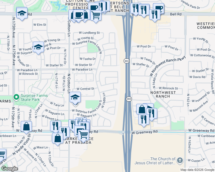 map of restaurants, bars, coffee shops, grocery stores, and more near 16833 West Central Street in Surprise