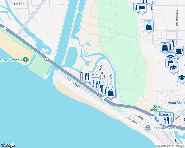 map of restaurants, bars, coffee shops, grocery stores, and more near 301 Canal Street in Newport Beach