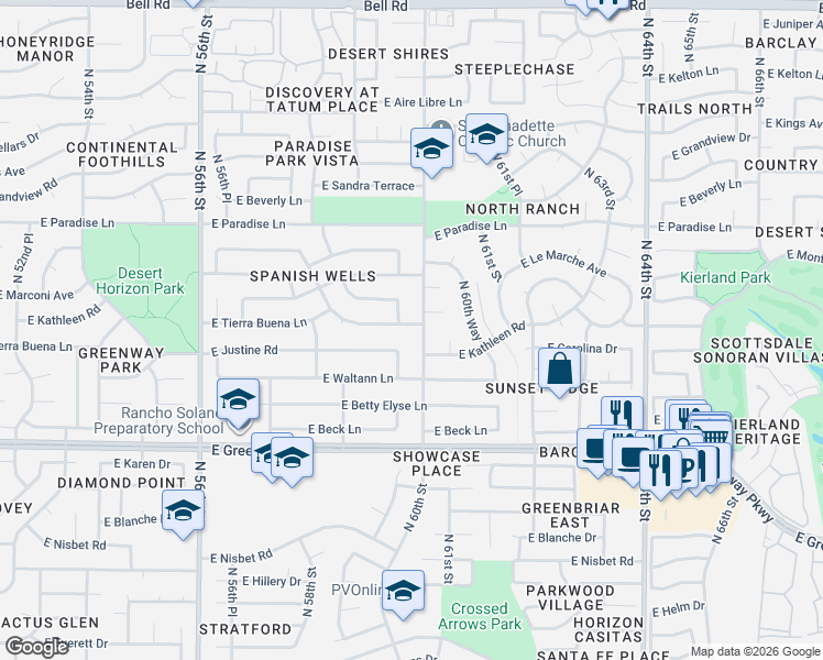 map of restaurants, bars, coffee shops, grocery stores, and more near 15811 North 59th Street in Scottsdale