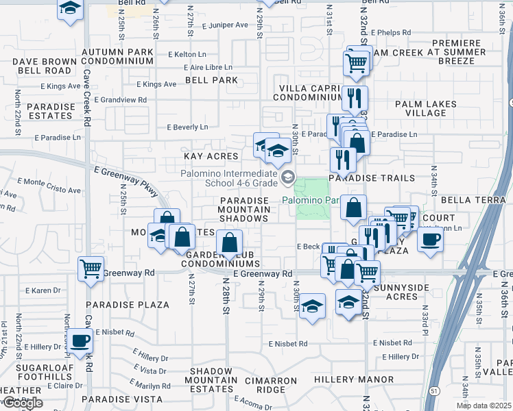 map of restaurants, bars, coffee shops, grocery stores, and more near 15636 North 29th Street in Phoenix