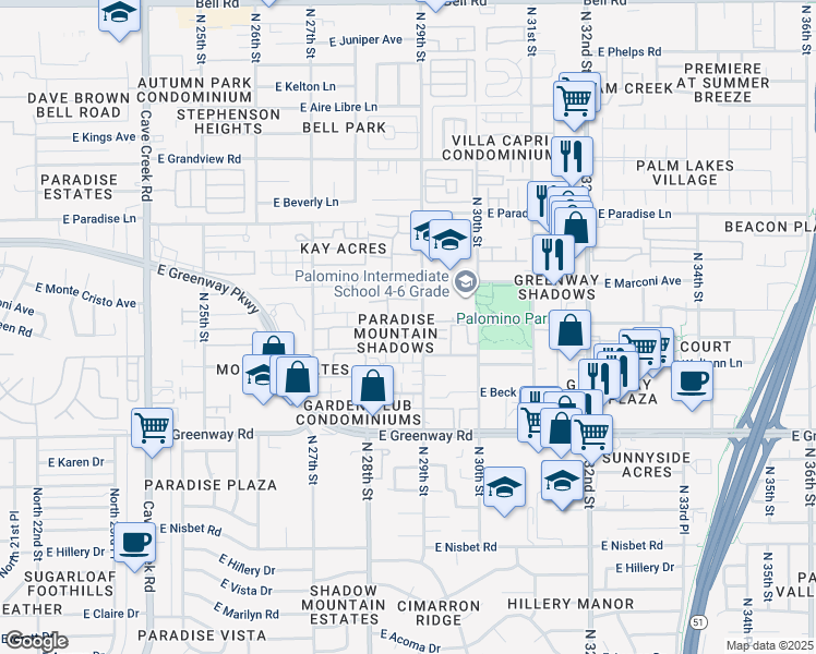 map of restaurants, bars, coffee shops, grocery stores, and more near 15636 North 29th Street in Phoenix