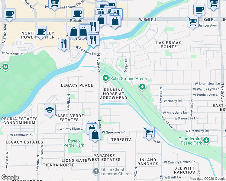 map of restaurants, bars, coffee shops, grocery stores, and more near 7362 West Fargo Drive in Peoria