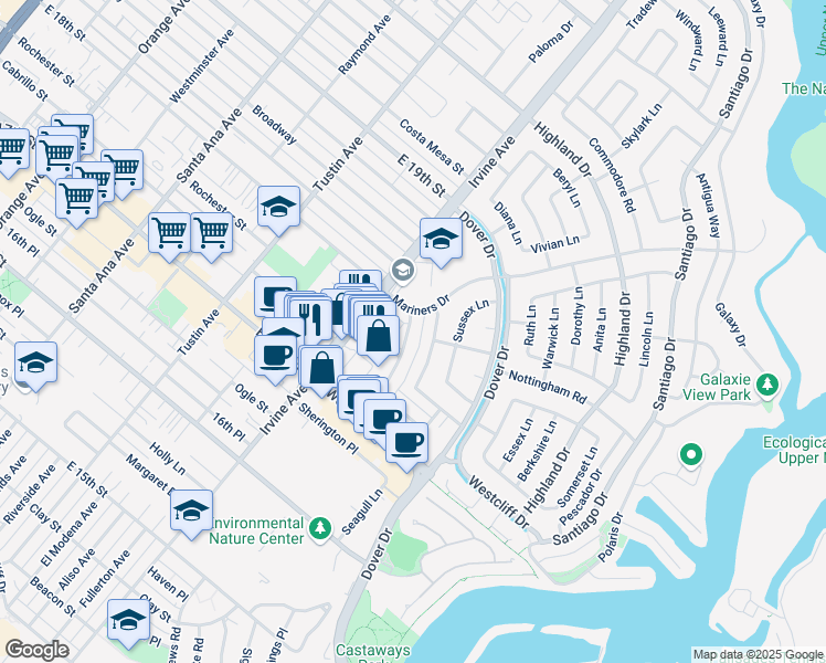 map of restaurants, bars, coffee shops, grocery stores, and more near 1256 Rutland Road in Newport Beach