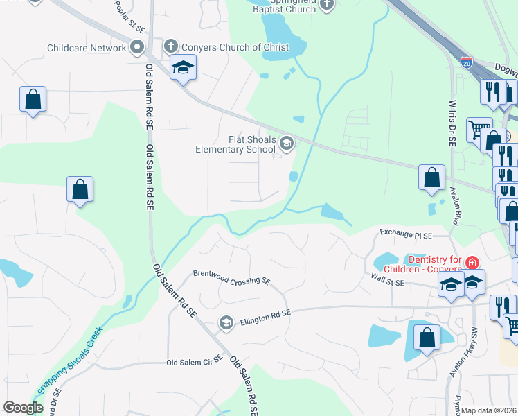 map of restaurants, bars, coffee shops, grocery stores, and more near 2628 Santa Fe Court Southeast in Conyers