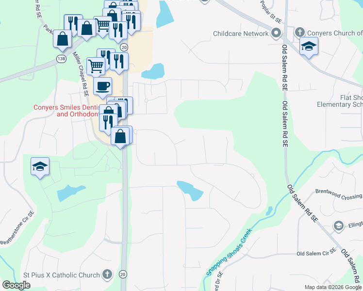 map of restaurants, bars, coffee shops, grocery stores, and more near 960 Sundew Drive Southeast in Conyers