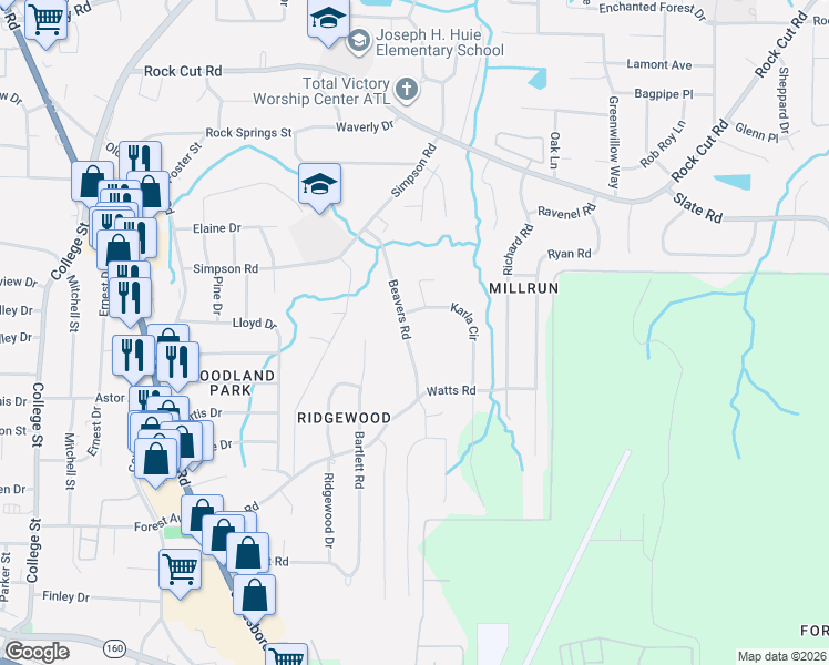 map of restaurants, bars, coffee shops, grocery stores, and more near 4575 Beavers Road in Forest Park