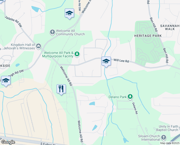 map of restaurants, bars, coffee shops, grocery stores, and more near 4595 Fradon Court Southwest in Atlanta